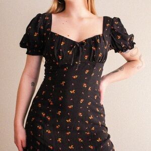Urban Outfitters Dress Women's S Black Floral Cassie Puff Sleeve Mini Dress